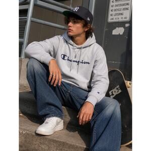 Champion Gray Hoodie Medium Script Logo Pullover Athleisure Streetwear Y2K